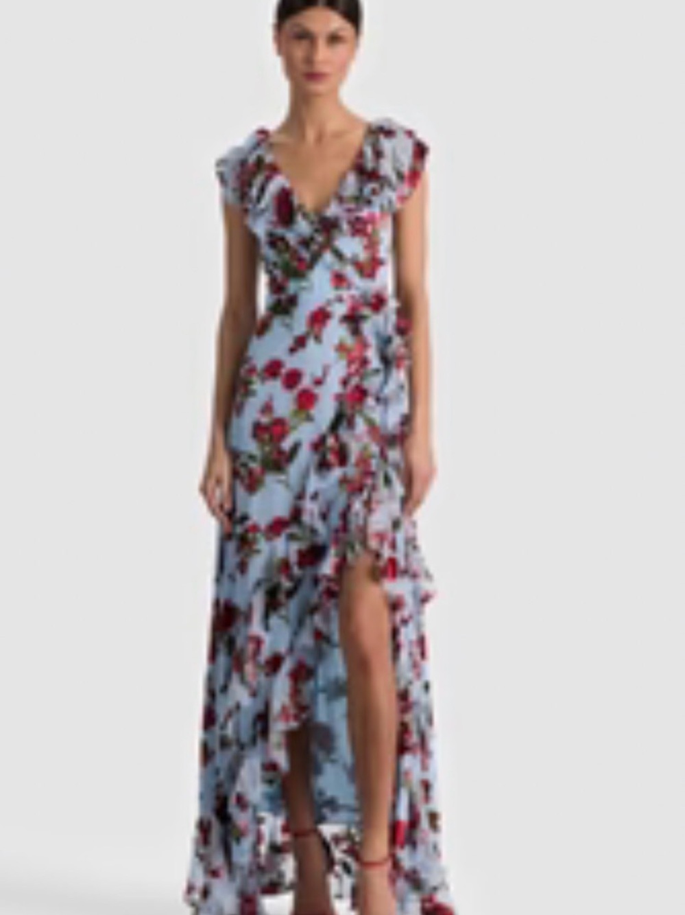 Alice + Olivia Light Blue Floral Wrap Maxi Dress with Red Accents